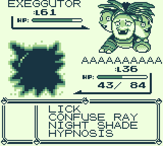 Battle screen: Exeggutor Lv61 against a Haunter nicknamed AAAAAAAAAA, Lv36, 43 of 84 HP, moves Lick, Confuse Ray, Night Shade, Hypnosis